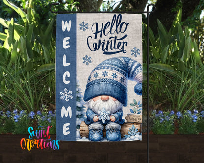 Hello Winter Yard Flag | Cute Gnome Winter Garden Flag with Snowflakes | Outdoor Holiday Porch Decor | YF82 - Swiit Creations