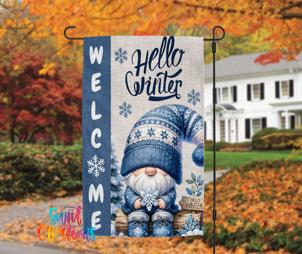 Hello Winter Yard Flag | Cute Gnome Winter Garden Flag with Snowflakes | Outdoor Holiday Porch Decor | YF82 - Swiit Creations