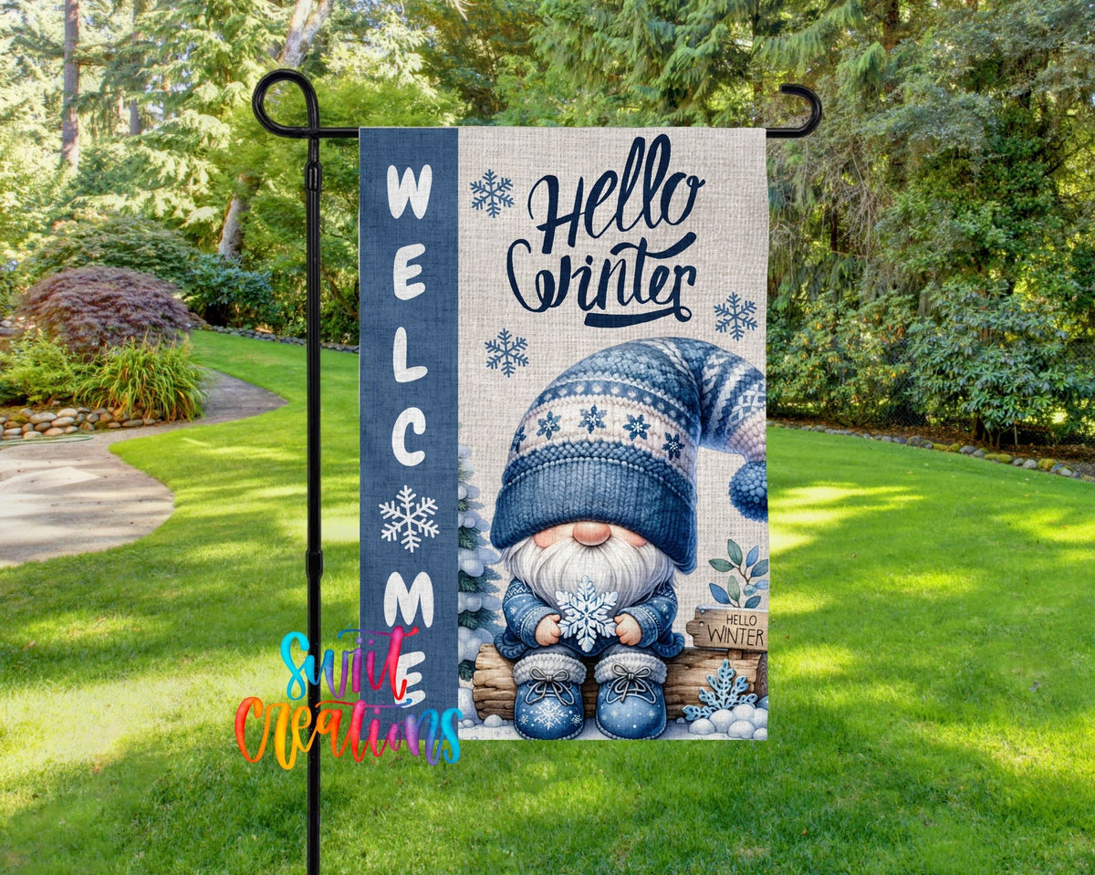 Hello Winter Yard Flag | Cute Gnome Winter Garden Flag with Snowflakes | Outdoor Holiday Porch Decor | YF82 - Swiit Creations