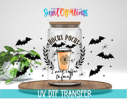 Hocus Pocus I Need Coffee To Focus UV DTF Transfer Tumbler Wrap | Spooky Bat Spider Cup Decal | DTF290 - Swiit Creations