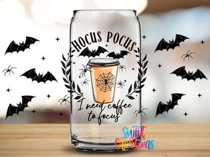 Hocus Pocus I Need Coffee To Focus UV DTF Transfer Tumbler Wrap | Spooky Bat Spider Cup Decal | DTF290 - Swiit Creations