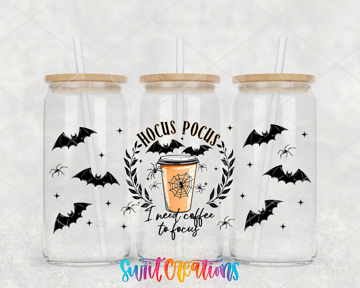 Hocus Pocus I Need Coffee To Focus UV DTF Transfer Tumbler Wrap | Spooky Bat Spider Cup Decal | DTF290 - Swiit Creations