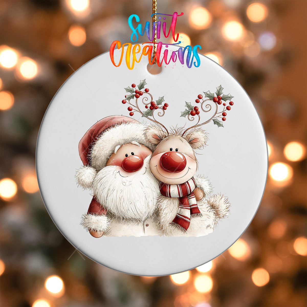 Holly Antler Reindeer Ornament UV DTF Transfer | Santa and Reindeer in Cozy Red Winter Style | O-2172 - Swiit Creations