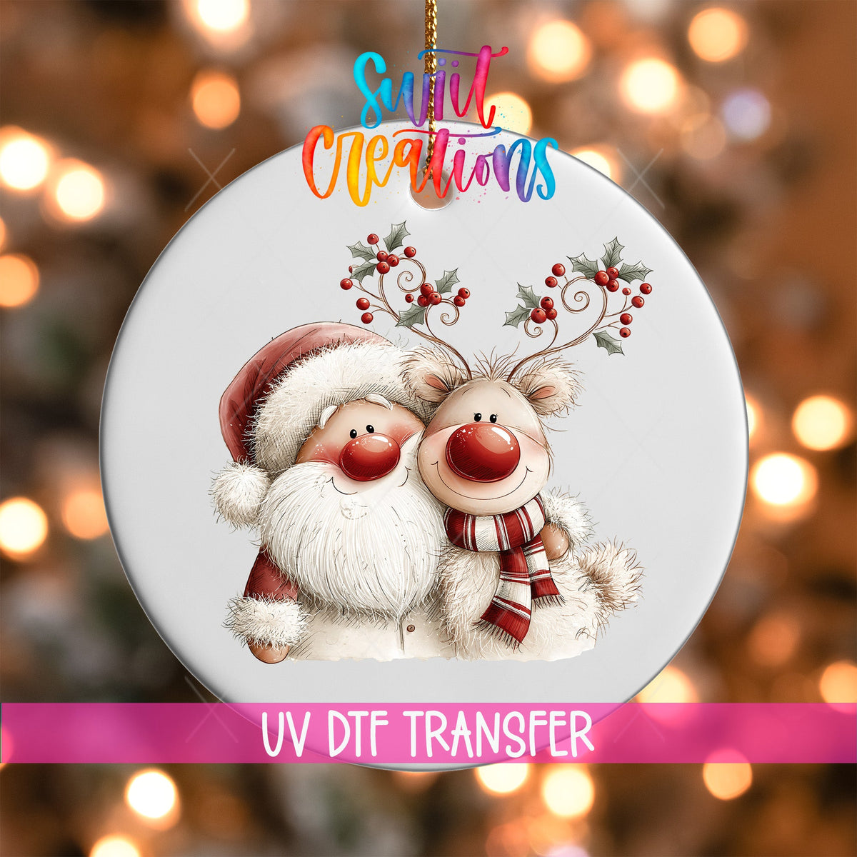 Holly Antler Reindeer Ornament UV DTF Transfer | Santa and Reindeer in Cozy Red Winter Style | O-2172 - Swiit Creations