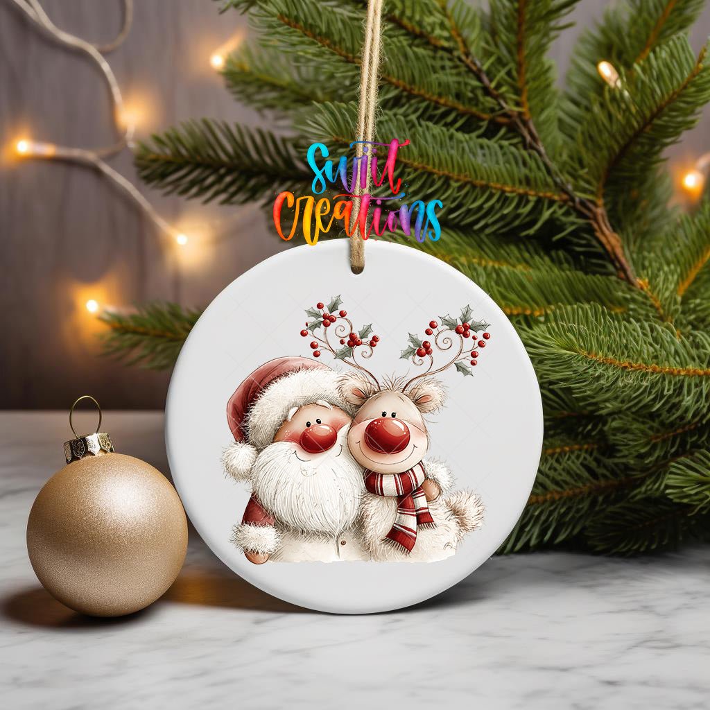 Holly Antler Reindeer Ornament UV DTF Transfer | Santa and Reindeer in Cozy Red Winter Style | O-2172 - Swiit Creations