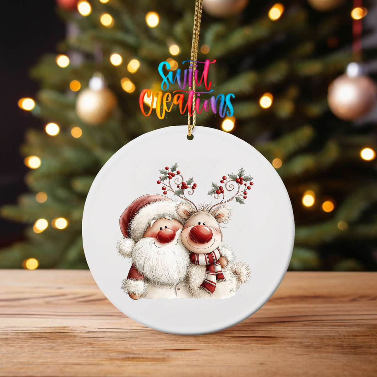 Holly Antler Reindeer Ornament UV DTF Transfer | Santa and Reindeer in Cozy Red Winter Style | O-2172 - Swiit Creations