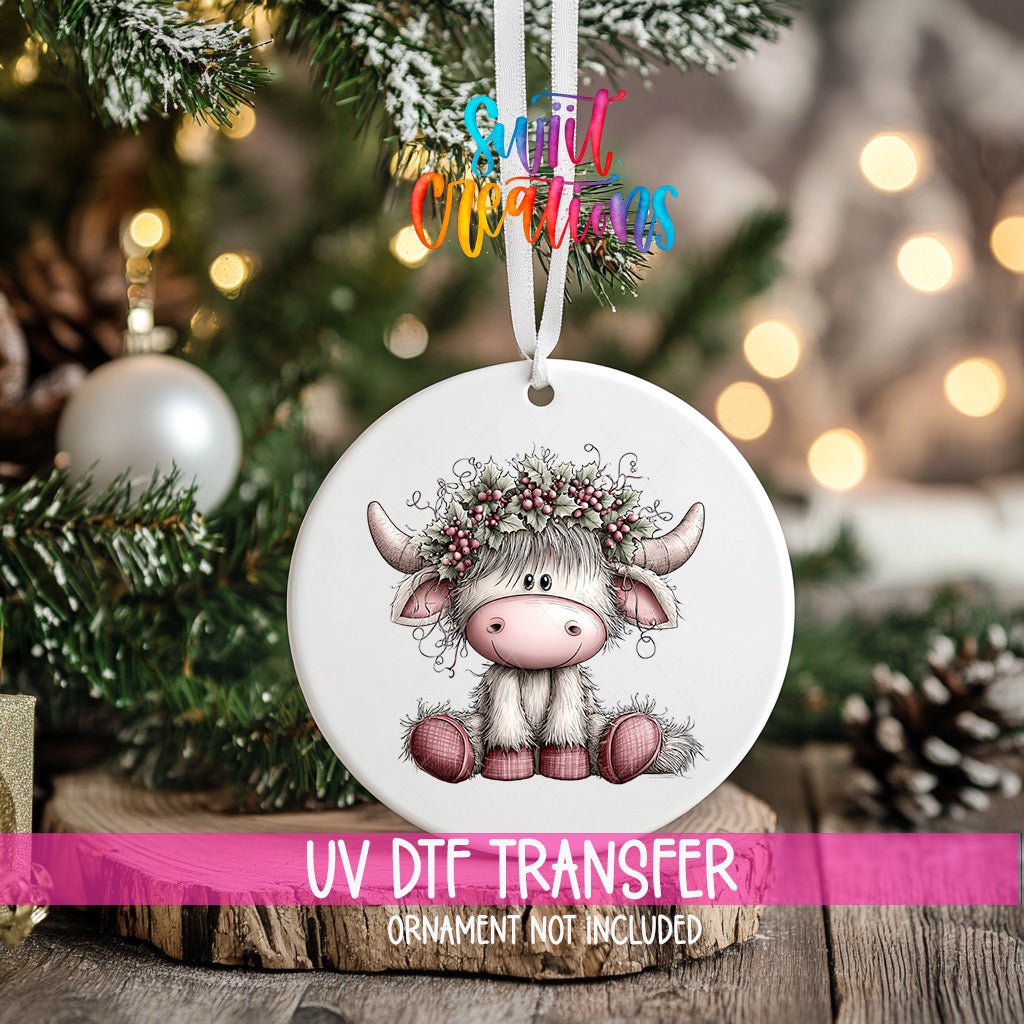 Holly Berry Highland Cow Ornament UV DTF Transfer | Pink Christmas Cow with Festive Holly Crown | O-2160 - Swiit Creations