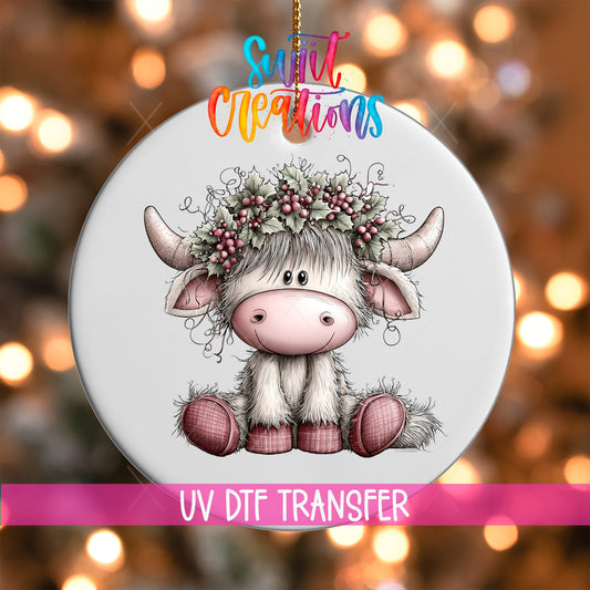 Holly Berry Highland Cow Ornament UV DTF Transfer | Pink Christmas Cow with Festive Holly Crown | O-2160 - Swiit Creations