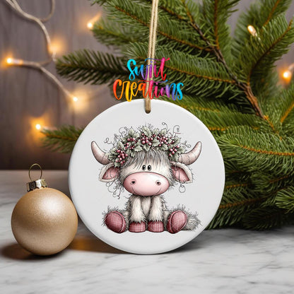 Holly Berry Highland Cow Ornament UV DTF Transfer | Pink Christmas Cow with Festive Holly Crown | O-2160 - Swiit Creations