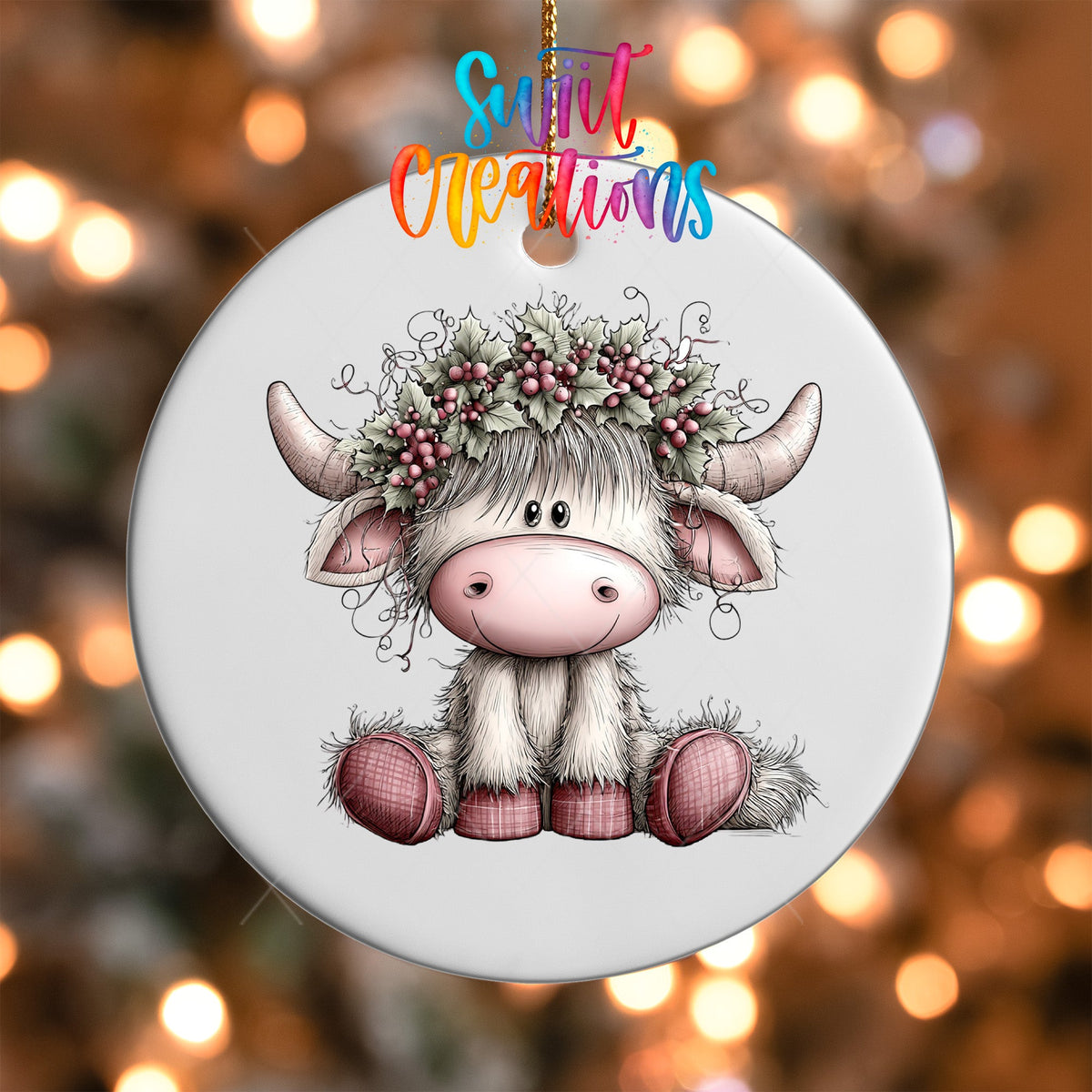Holly Berry Highland Cow Ornament UV DTF Transfer | Pink Christmas Cow with Festive Holly Crown | O-2160 - Swiit Creations