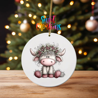 Holly Berry Highland Cow Ornament UV DTF Transfer | Pink Christmas Cow with Festive Holly Crown | O-2160 - Swiit Creations