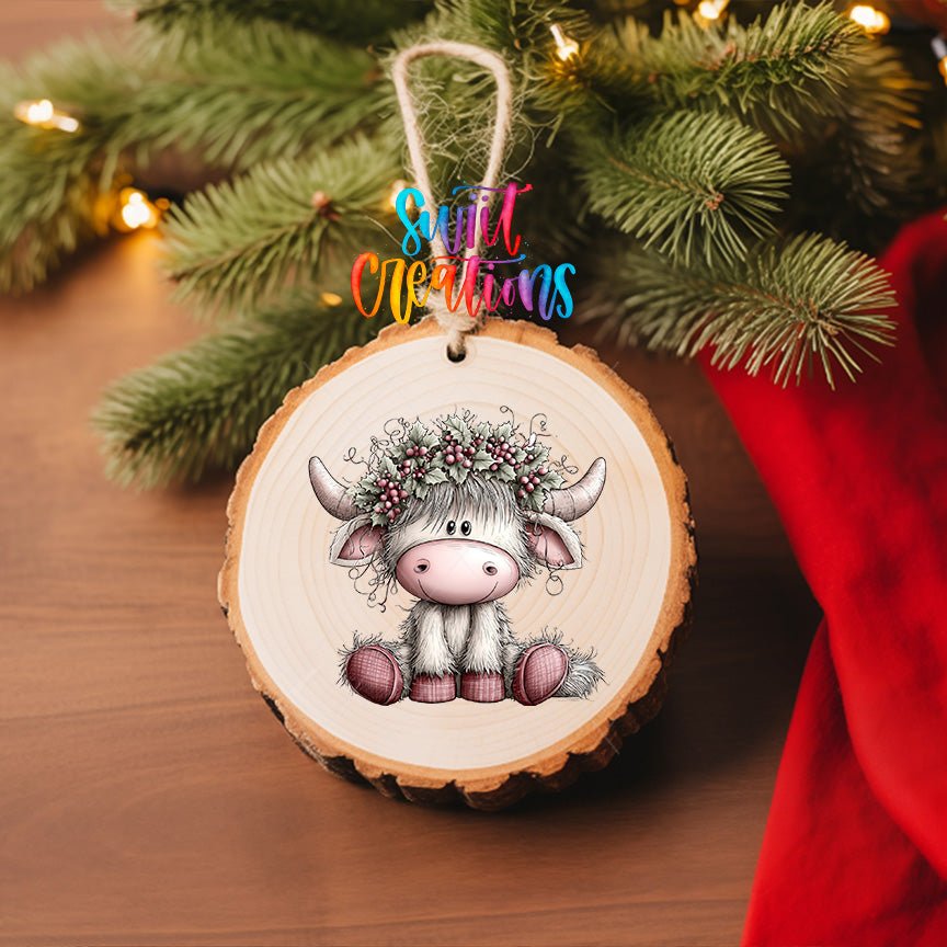 Holly Berry Highland Cow Ornament UV DTF Transfer | Pink Christmas Cow with Festive Holly Crown | O-2160 - Swiit Creations