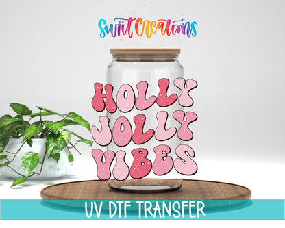 Swiit Creations UV DTF Holly Jolly Vibes Christmas transfer displayed on a clear jar mockup