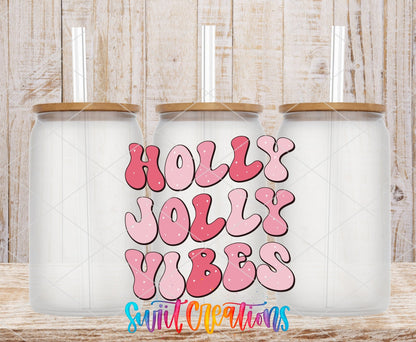 Swiit Creations UV DTF Holly Jolly Vibes Christmas transfer shown on a clear glass can set
