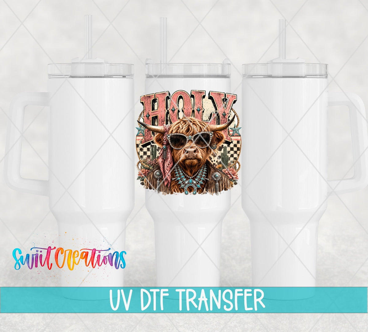 Holy Cow Western Glam UV DTF Transfer | Highland Cow Cowgirl Drinkware Design | UV2078 - Swiit Creations