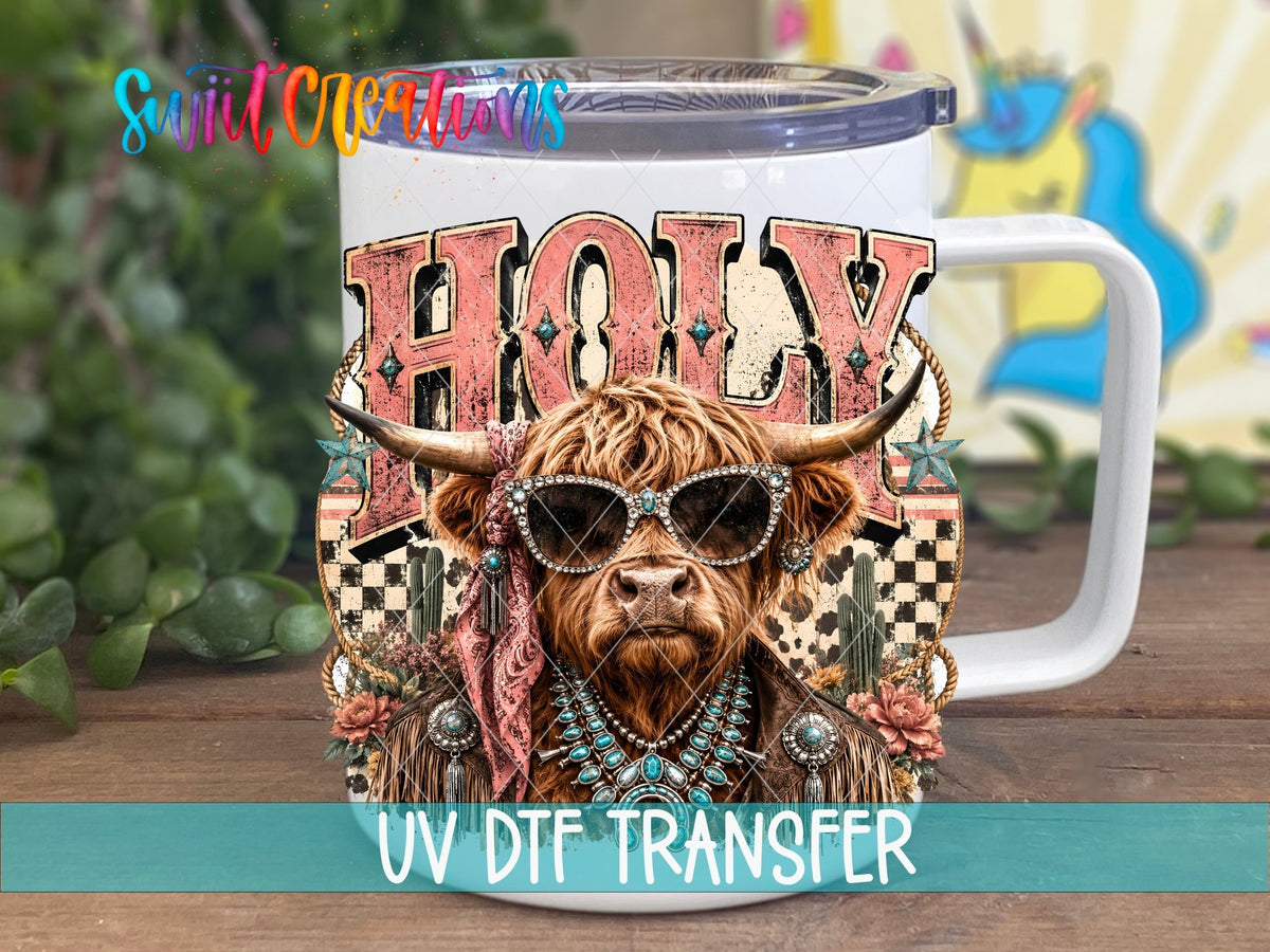 Holy Cow Western Glam UV DTF Transfer | Highland Cow Cowgirl Drinkware Design | UV2078 - Swiit Creations