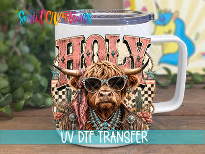 Holy Cow Western Glam UV DTF Transfer | Highland Cow Cowgirl Drinkware Design | UV2078 - Swiit Creations