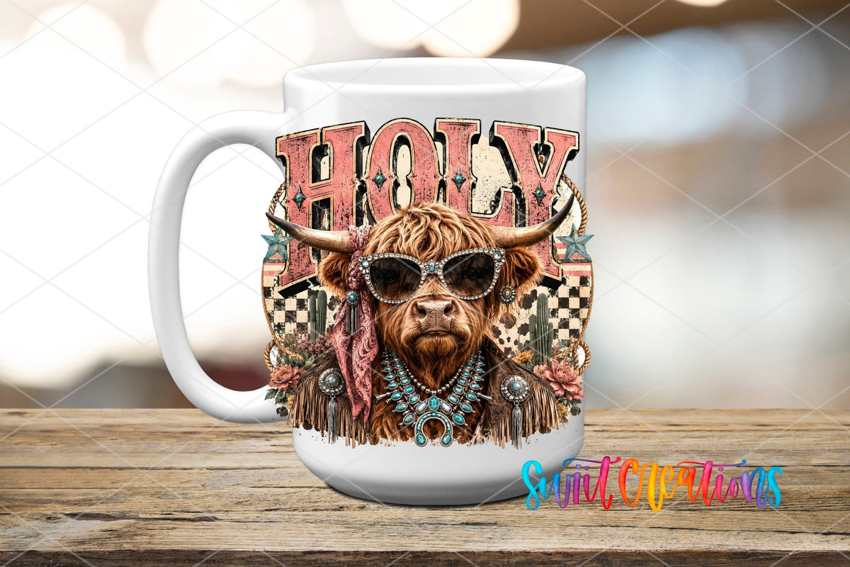 Holy Cow Western Glam UV DTF Transfer | Highland Cow Cowgirl Drinkware Design | UV2078 - Swiit Creations