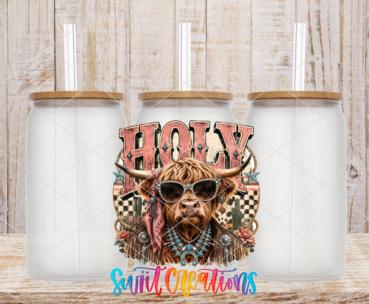 Holy Cow Western Glam UV DTF Transfer | Highland Cow Cowgirl Drinkware Design | UV2078 - Swiit Creations