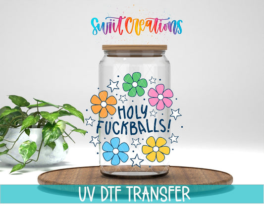 Holy Fuckballs Retro Groovy Flowers UV DTF transfer displayed on a clear jar mockup from Swiit Creations
