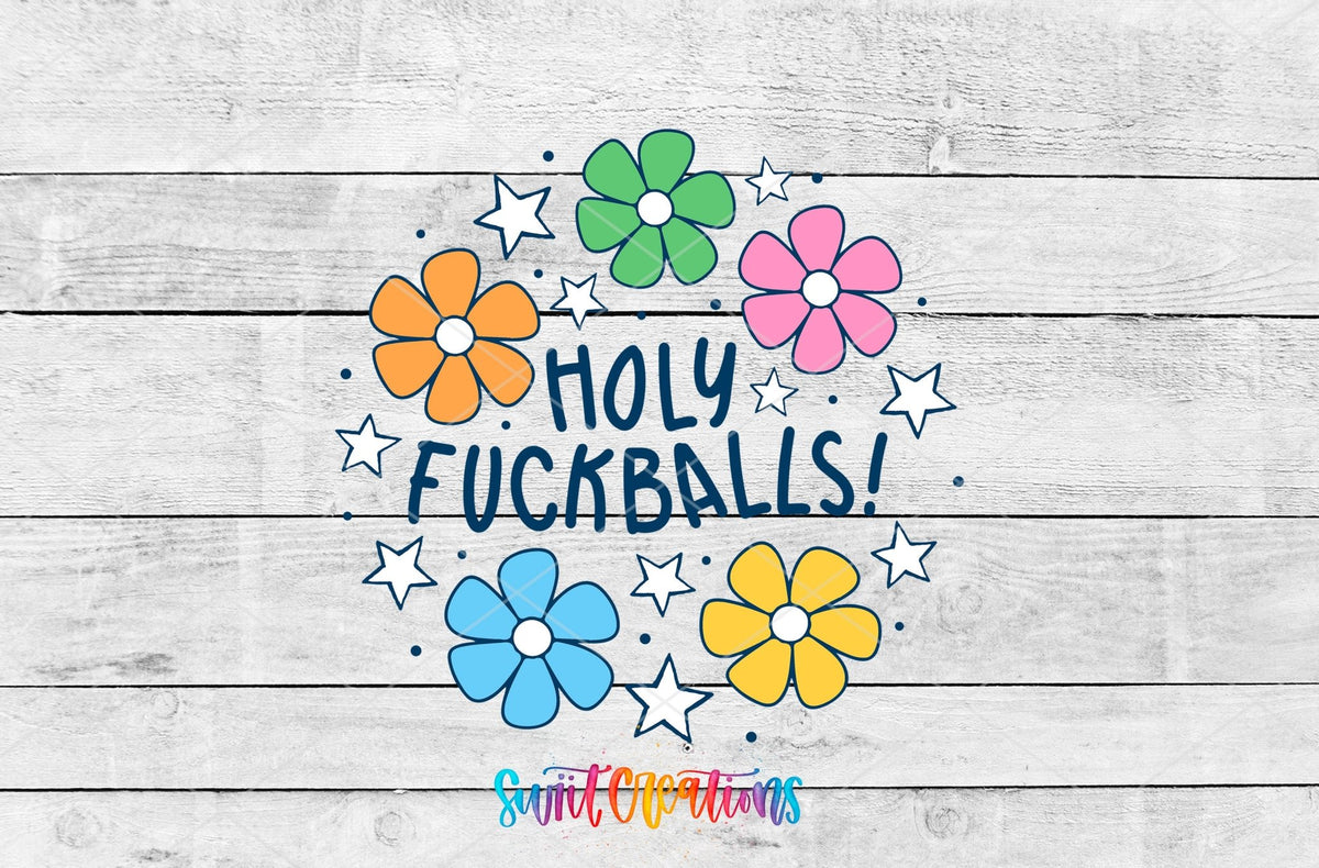 Holy Fuckballs Retro Groovy Flowers UV DTF transfer shown as a full artwork preview from Swiit Creations