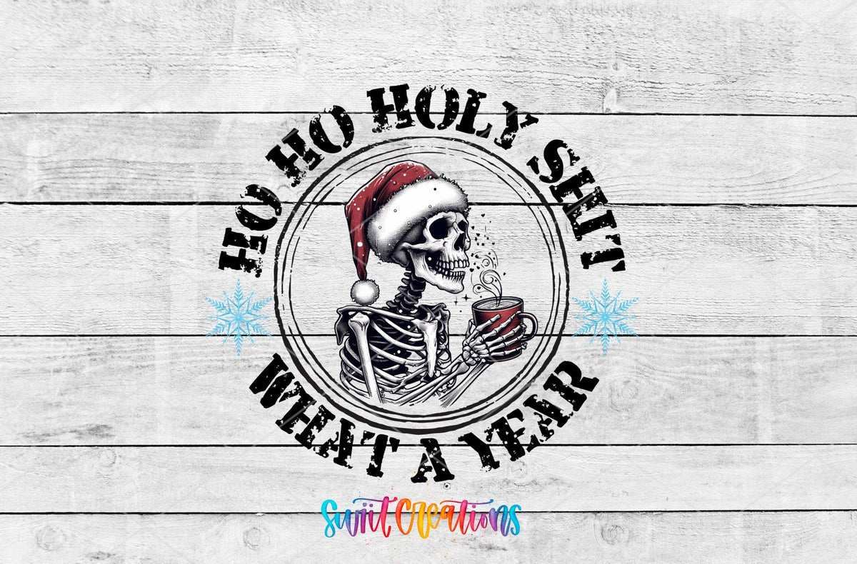 Swiit Creations UV DTF Holy Shit What a Year Christmas transfer shown as the full artwork preview