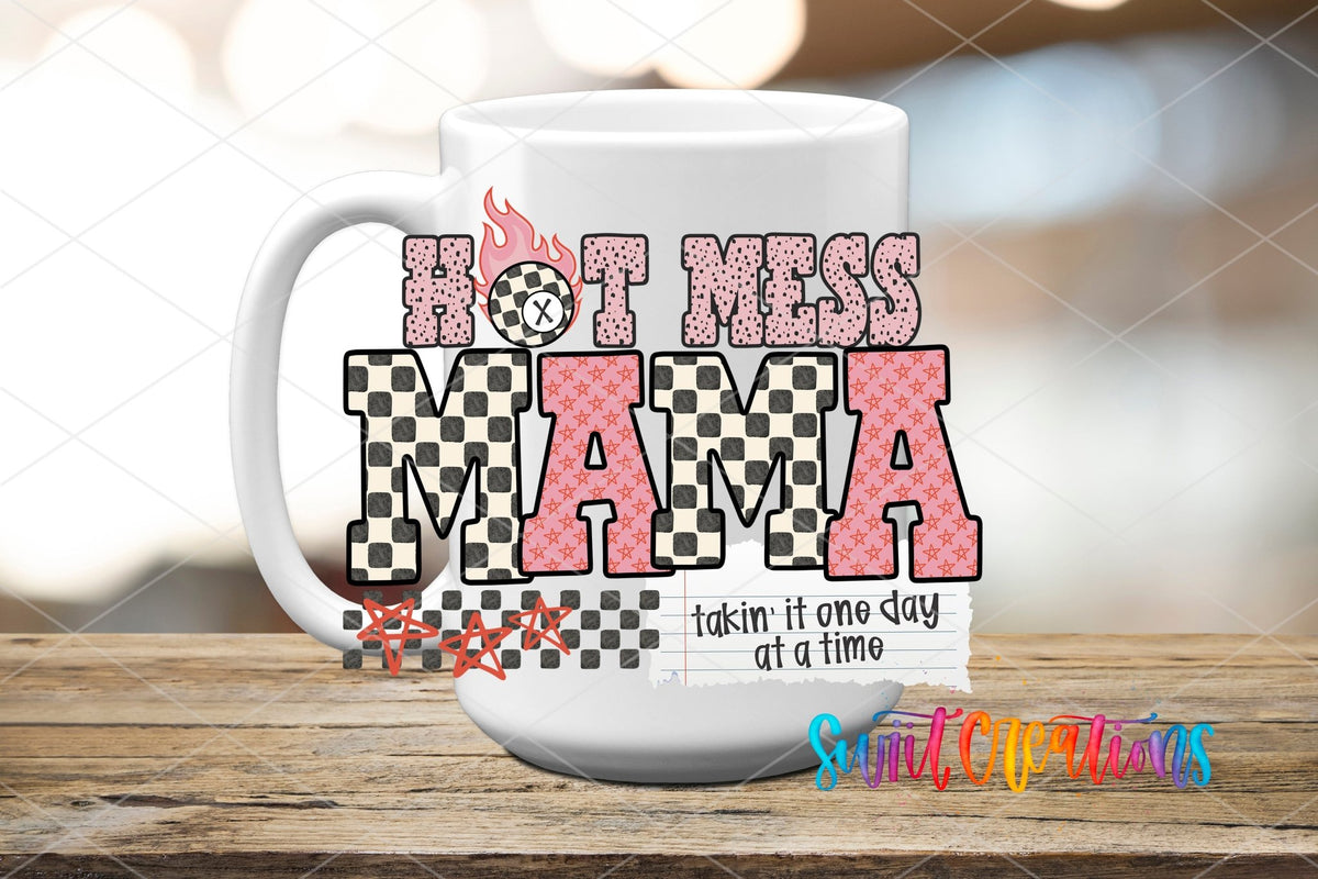 Hot Mess Mama UV DTF transfer displayed on a white ceramic mug from Swiit Creations