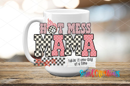 Hot Mess Mama UV DTF transfer displayed on a white ceramic mug from Swiit Creations