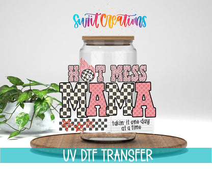 Hot Mess Mama UV DTF transfer displayed on a clear jar mockup from Swiit Creations