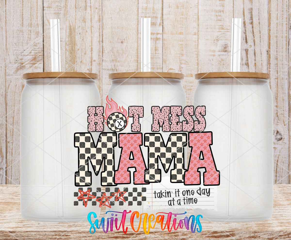 Hot Mess Mama UV DTF transfer applied to a clear glass can set from Swiit Creations