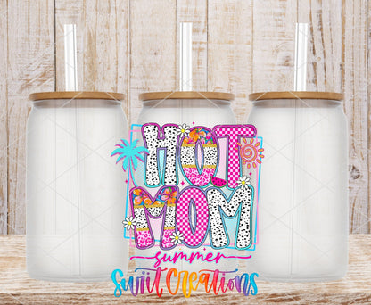 Hot Mom Summer Tropical UV DTF transfer applied to a clear glass can set from Swiit Creations