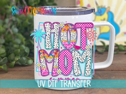 Hot Mom Summer Tropical UV DTF transfer displayed on a white coffee mug from Swiit Creations