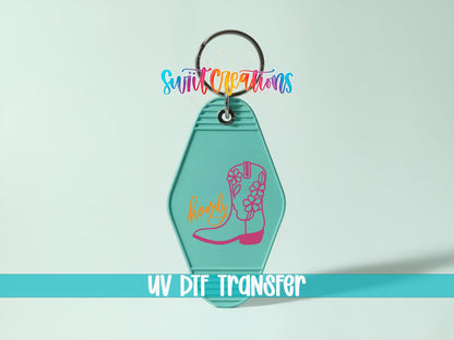 Howdy Floral Cowboy Boot Motel Keychain UV DTF Transfer | Western Cowgirl Decal | MK2058 - Swiit Creations