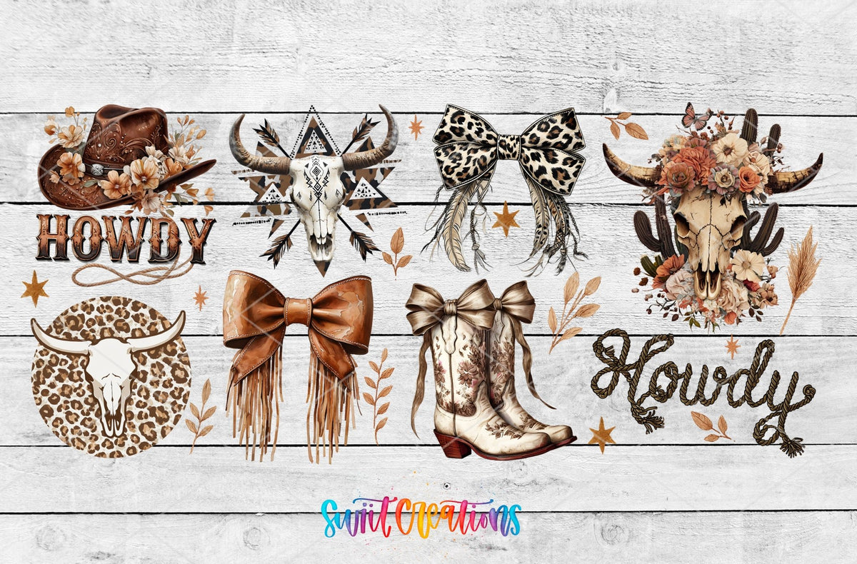 Howdy Western UV DTF Transfer Tumbler Wrap | Cow Skull Boots Leopard Bow Cowgirl | DTF288 - Swiit Creations