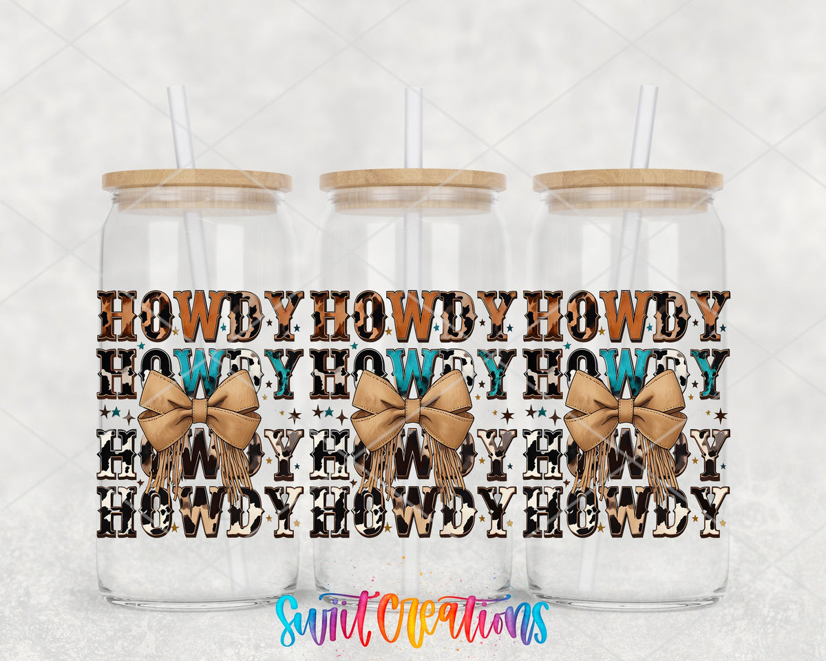Howdy Western UV DTF Transfer Tumbler Wrap | Cowhide Bow Country Pattern Tumbler Design | DTF281 - Swiit Creations