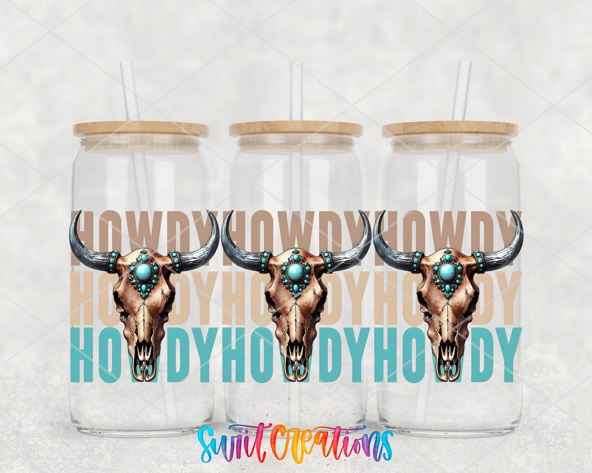 Howdy Western UV DTF Transfer Tumbler Wrap | Turquoise Bull Skull Cowgirl Tumbler Design | DTF284 - Swiit Creations