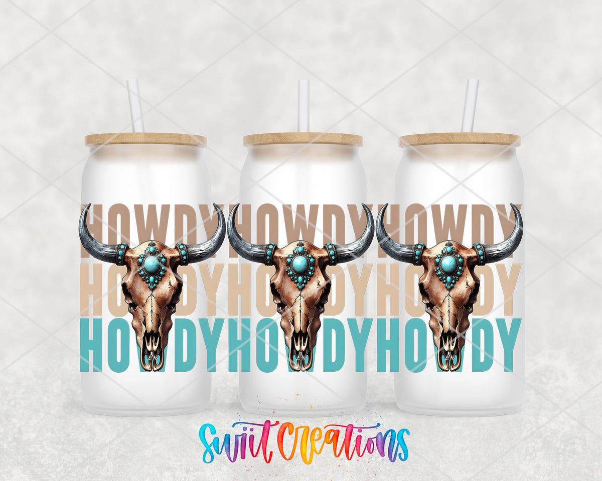 Howdy Western UV DTF Transfer Tumbler Wrap | Turquoise Bull Skull Cowgirl Tumbler Design | DTF284 - Swiit Creations