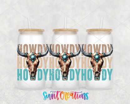 Howdy Western UV DTF Transfer Tumbler Wrap | Turquoise Bull Skull Cowgirl Tumbler Design | DTF284 - Swiit Creations