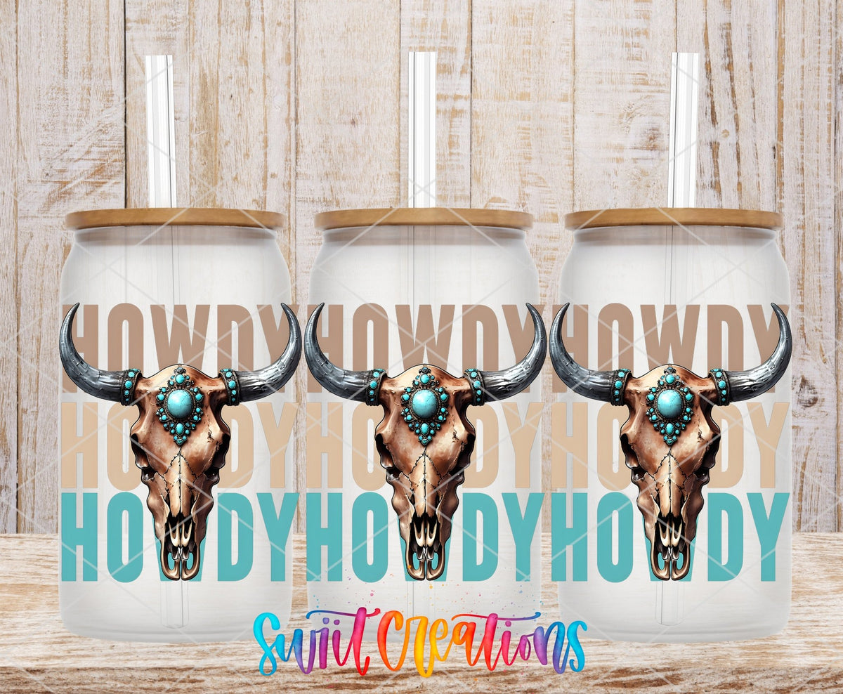 Howdy Western UV DTF Transfer Tumbler Wrap | Turquoise Bull Skull Cowgirl Tumbler Design | DTF284 - Swiit Creations