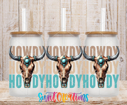 Howdy Western UV DTF Transfer Tumbler Wrap | Turquoise Bull Skull Cowgirl Tumbler Design | DTF284 - Swiit Creations