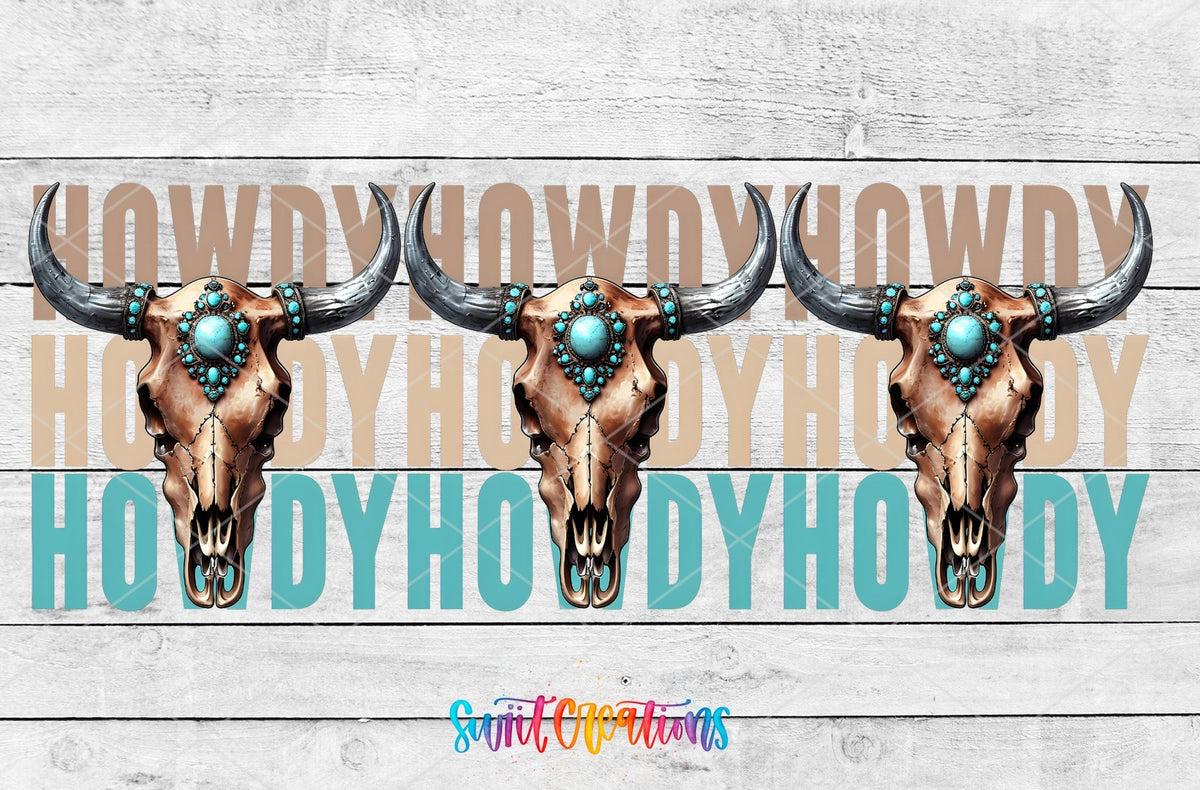 Howdy Western UV DTF Transfer Tumbler Wrap | Turquoise Bull Skull Cowgirl Tumbler Design | DTF284 - Swiit Creations