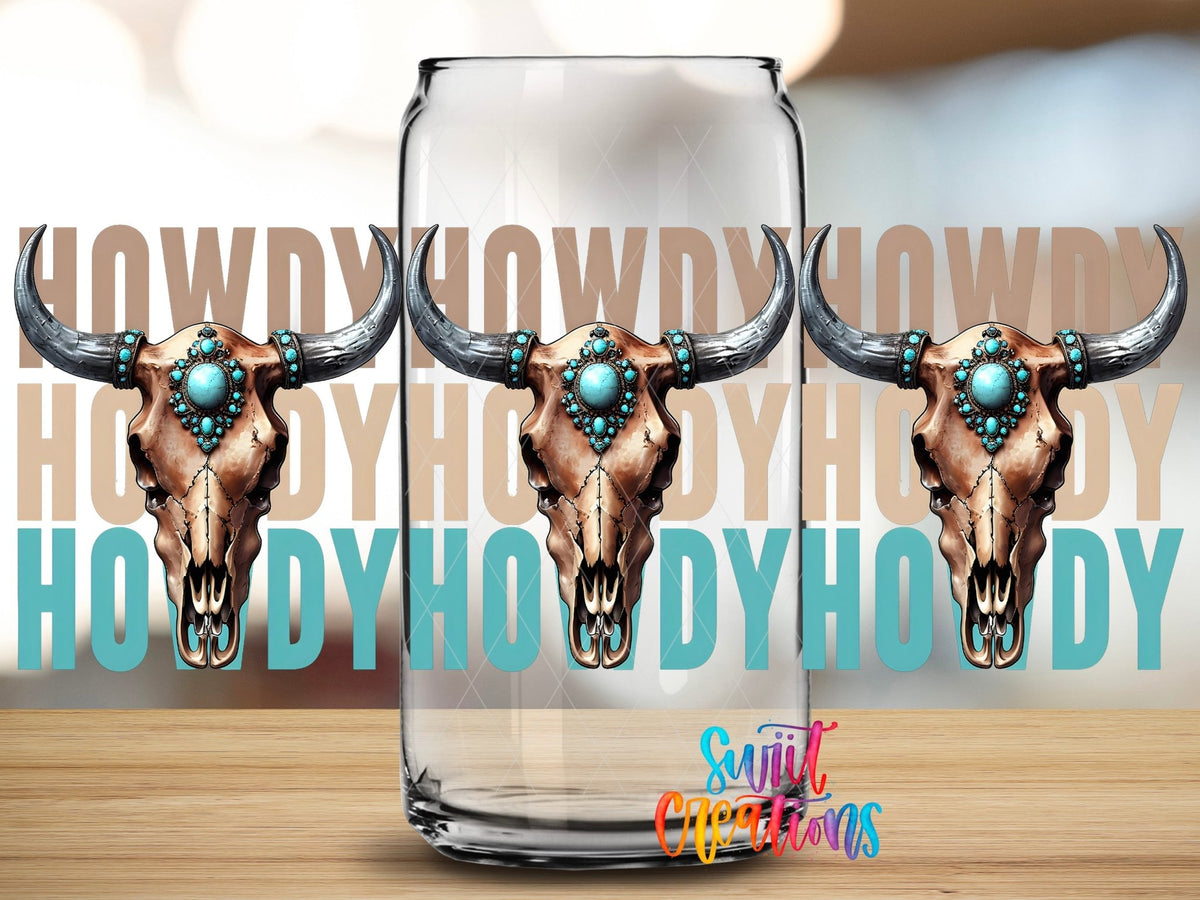 Howdy Western UV DTF Transfer Tumbler Wrap | Turquoise Bull Skull Cowgirl Tumbler Design | DTF284 - Swiit Creations