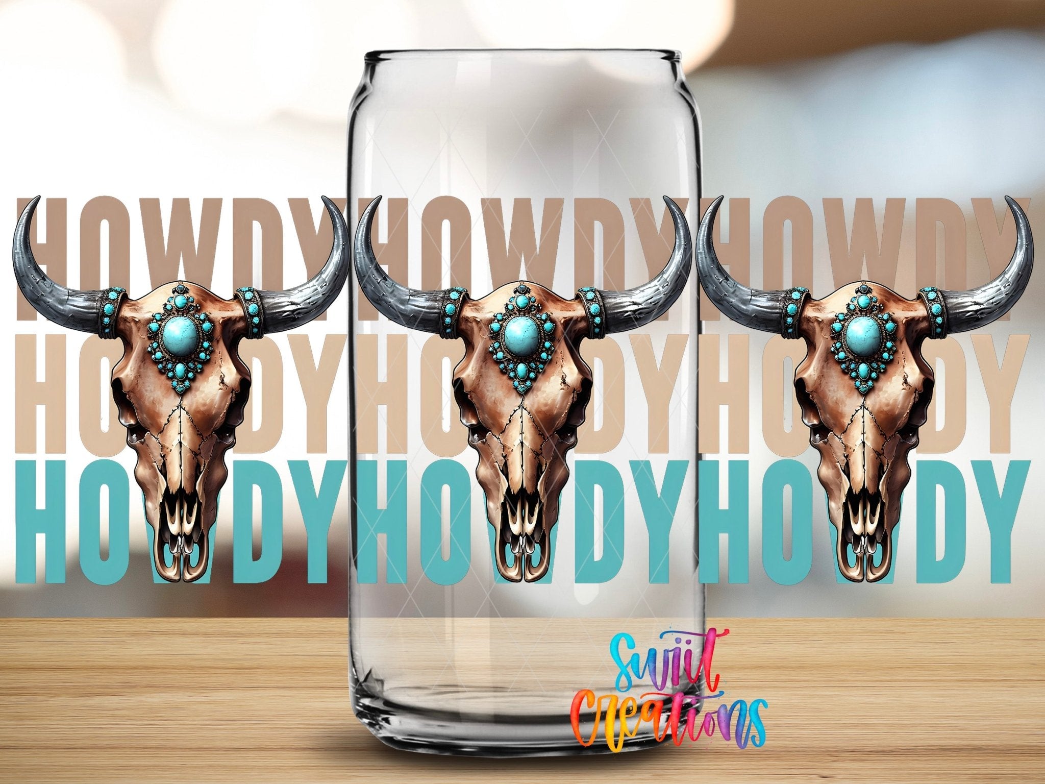 Howdy Western UV DTF Transfer Tumbler Wrap | Turquoise Bull Skull Cowgirl Tumbler Design | DTF284 - Swiit Creations