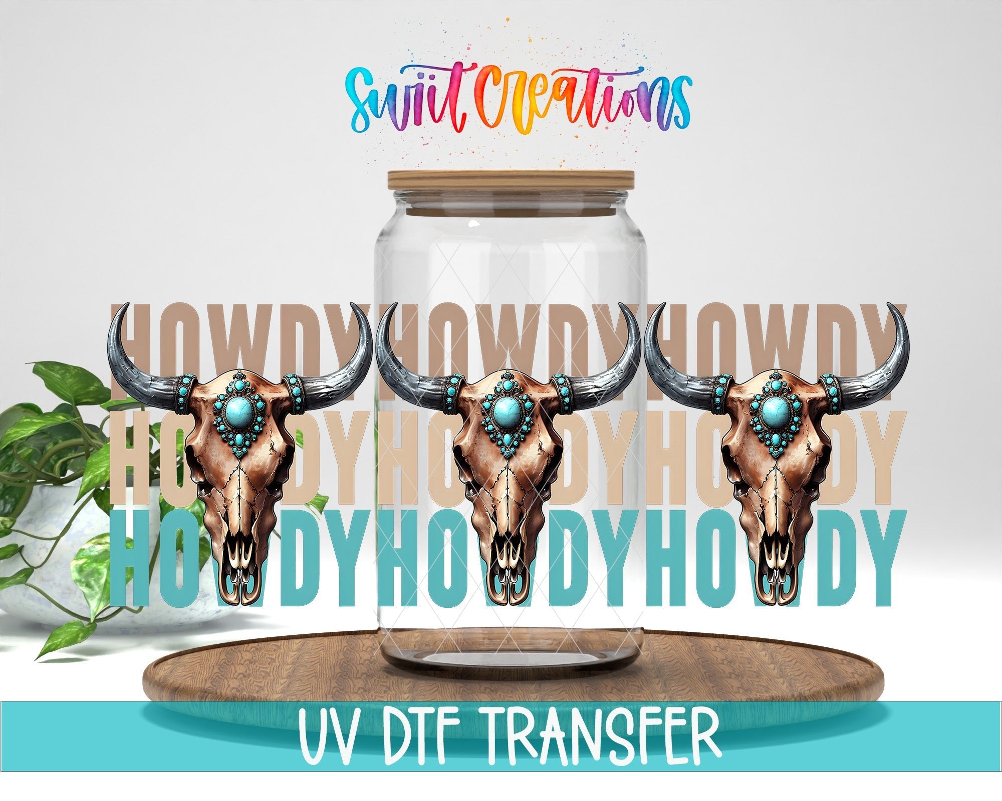 Howdy Western UV DTF Transfer Tumbler Wrap | Turquoise Bull Skull Cowgirl Tumbler Design | DTF284 - Swiit Creations