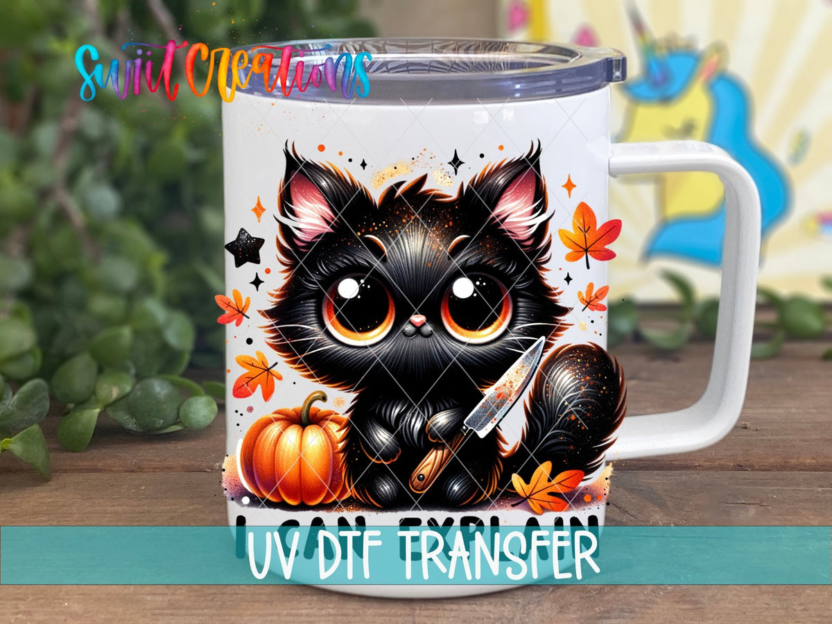 Swiit Creations UV DTF I Can Explain Black Cat Halloween transfer displayed on a white coffee mug
