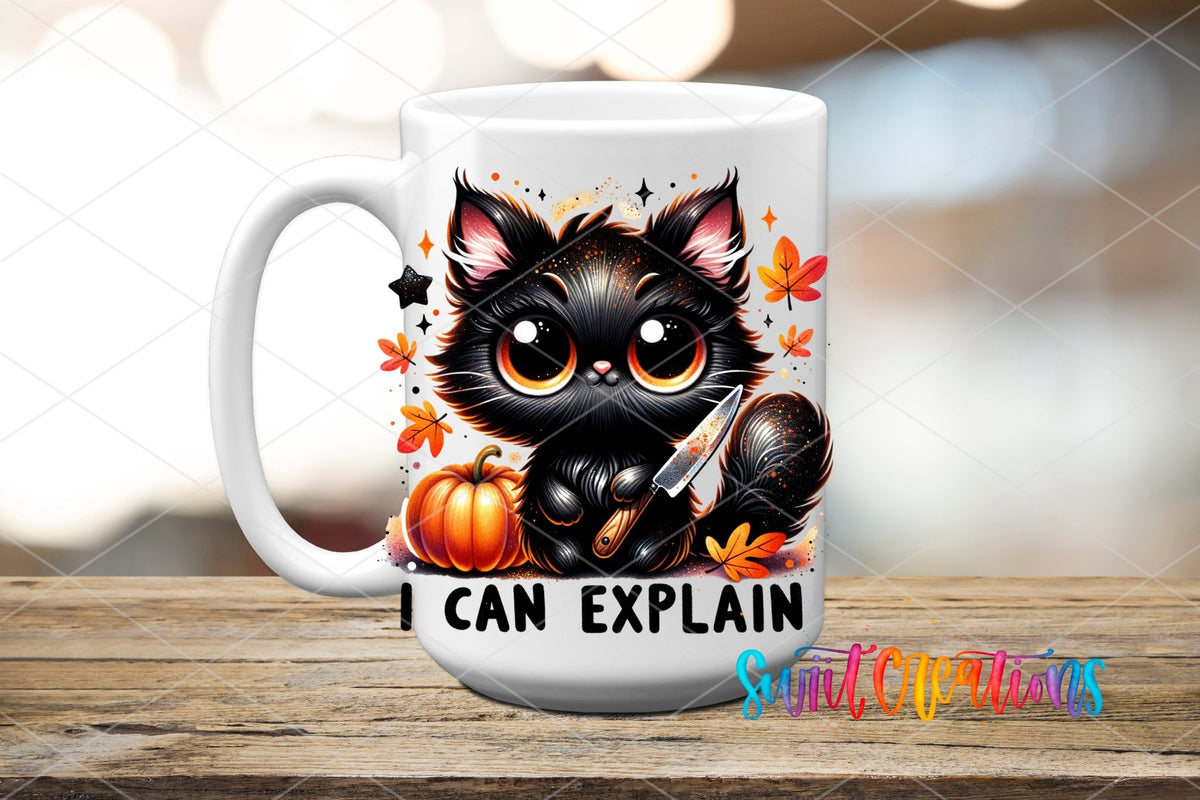 Swiit Creations UV DTF I Can Explain Black Cat Halloween transfer applied to a white ceramic mug