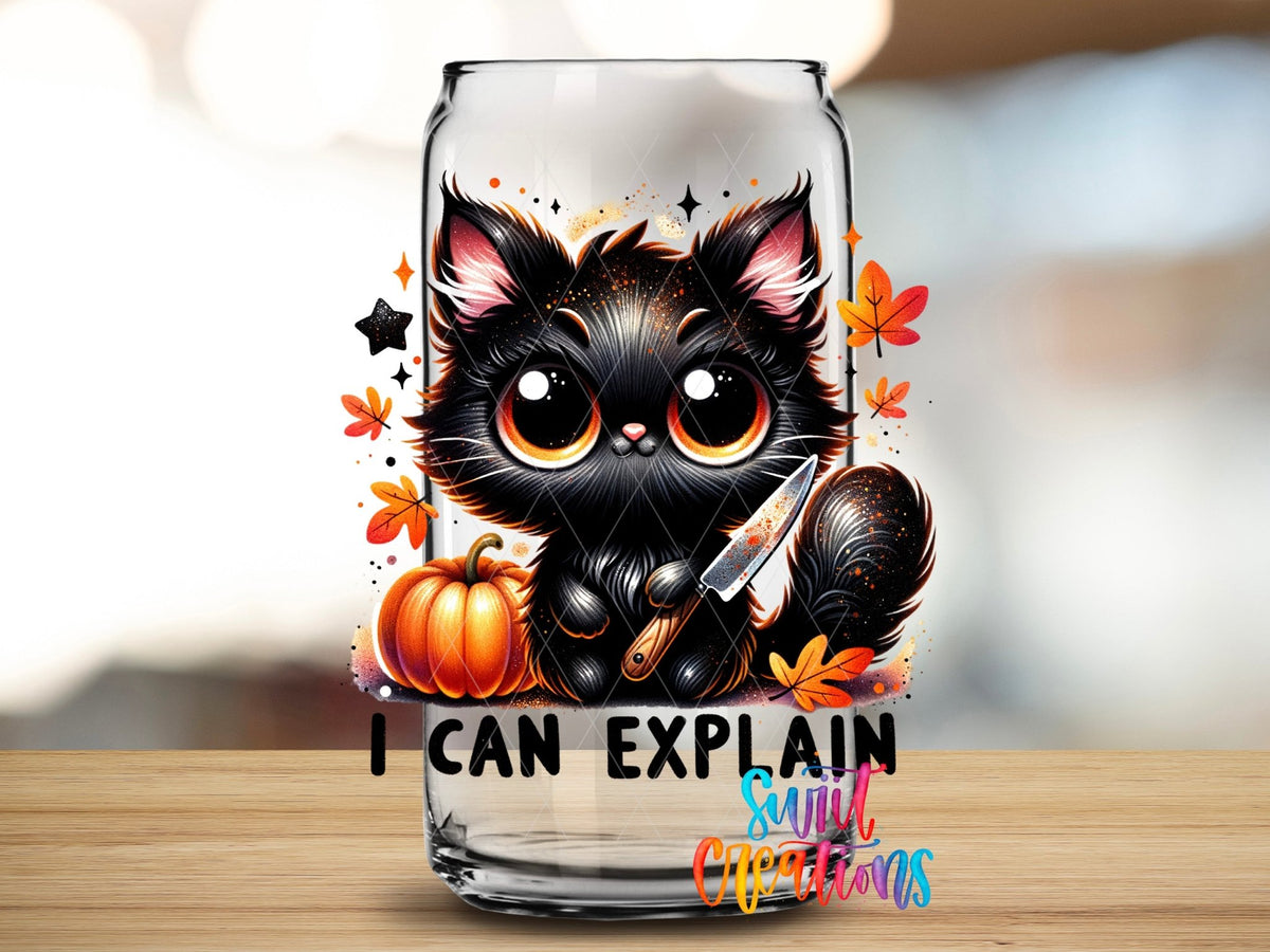 Swiit Creations UV DTF I Can Explain Black Cat Halloween transfer applied to a clear glass can
