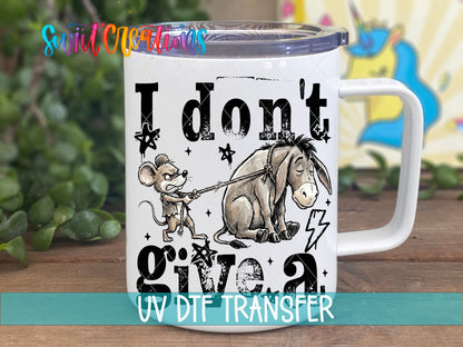 I Don’t Give A Rat’s Ass UV DTF transfer displayed on a white coffee mug from Swiit Creations