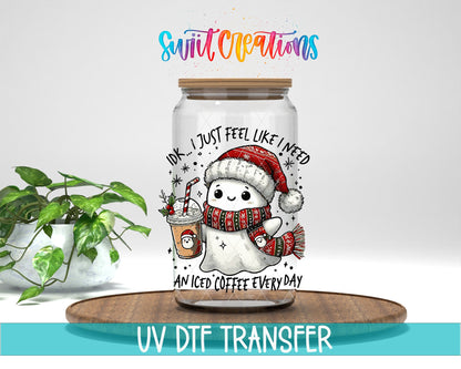 I Don’t Just Feel Like I Need An Iced Coffee Everyday Christmas Ghost UV DTF transfer displayed on a clear jar mockup from Swiit Creations