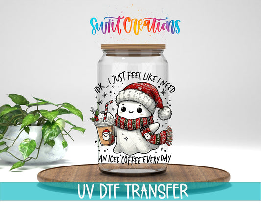 I Don’t Just Feel Like I Need An Iced Coffee Everyday Christmas Ghost UV DTF transfer displayed on a clear jar mockup from Swiit Creations